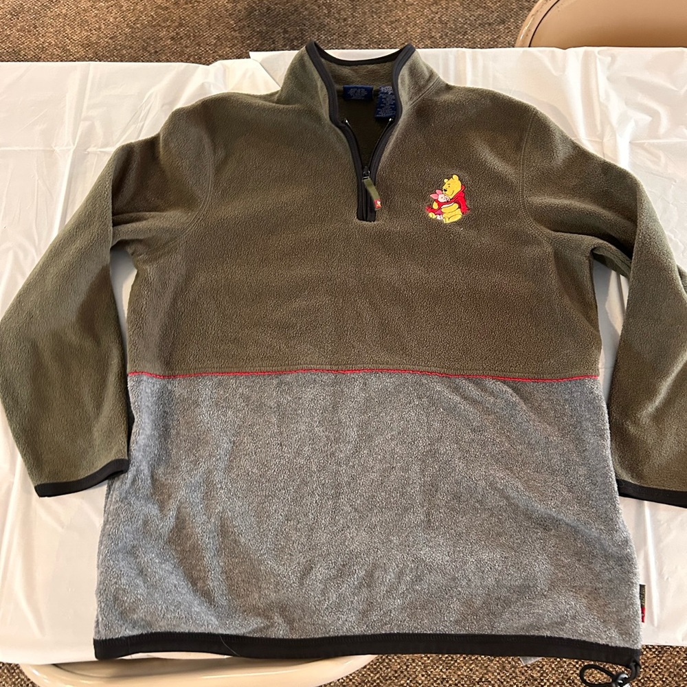 Winnie the Pooh Sweatshirt Quarter Zip Fleece Olive Green Women's LG Embroidered